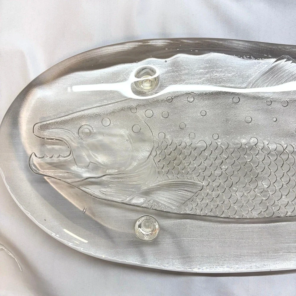 VTG Italglass Glass Fish Serving Platter Large 22.5in Good Embossed Salmon Tray
